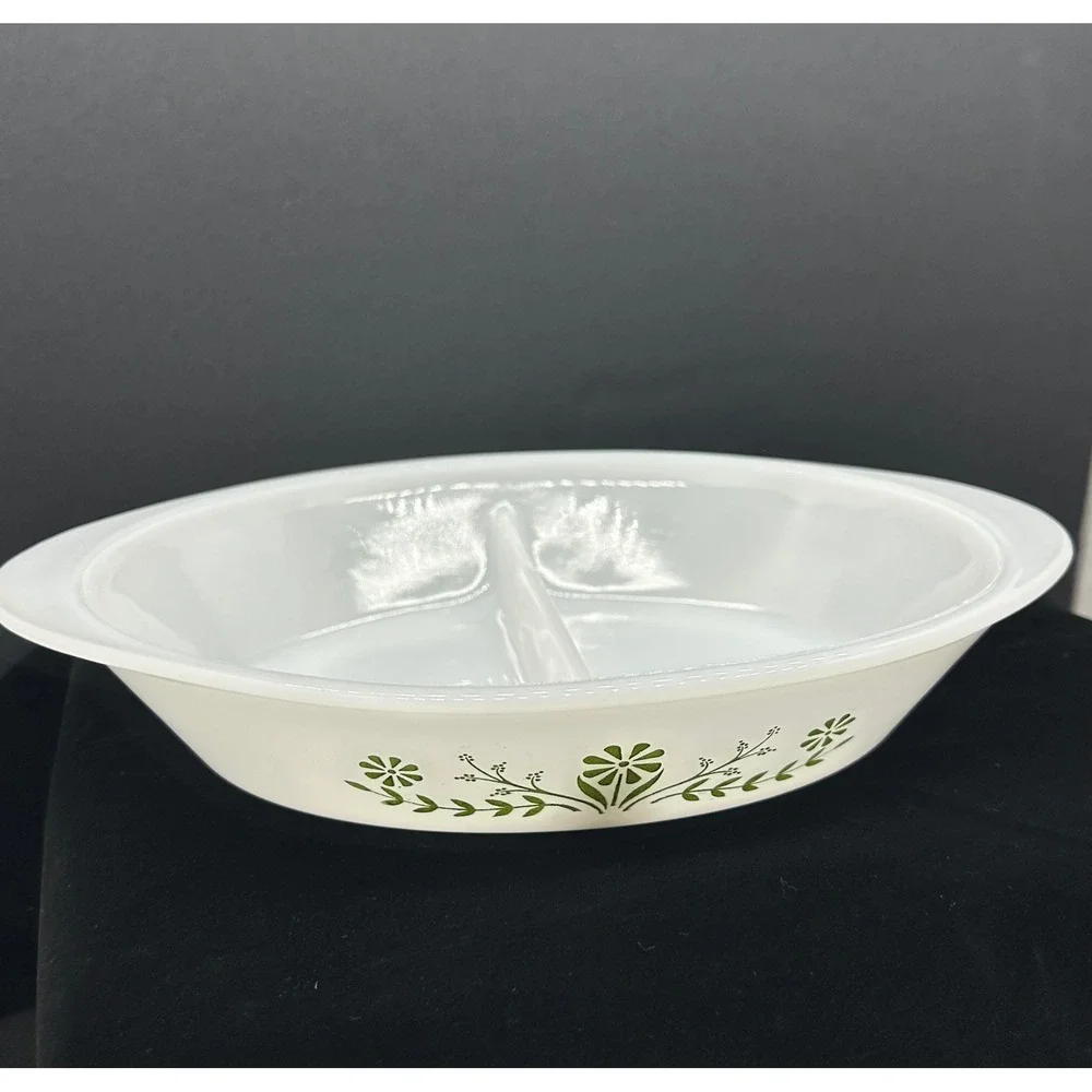 Glasbake J2352 Milk Glass Divided Serving Dish Green Floral Vine Oval Vintage